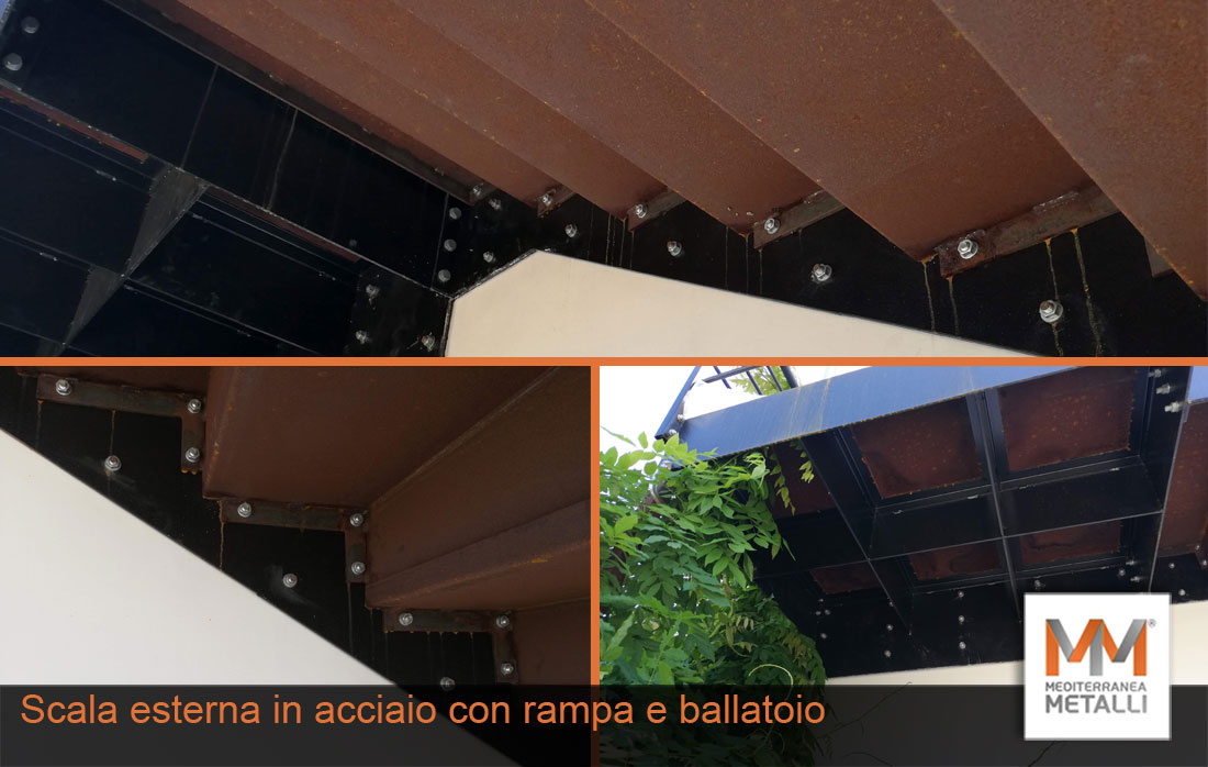 Scala esterna con rampa e ballatoio realizzata da Mediterranea metalli gazebi ed ombrelloni su misura produzione e vendita scaffalature e soppalchi, carpenteria giugliano, acciaio cor-ten, pareti divisorie, porte, controsoffitti, soppalchi rivestimento facciate mediterranea metalli su tutto il territorio nazionale Italia, napoli e provincia