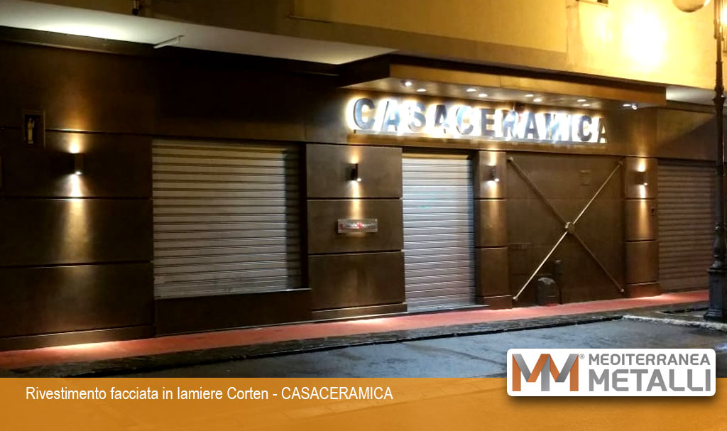 Rivestimento facciata in acciaio corten realizzato da Mediterranea metalli gazebi ed ombrelloni su misura produzione e vendita scaffalature e soppalchi, carpenteria giugliano, acciaio cor-ten, pareti divisorie, porte, controsoffitti, soppalchi rivestimento facciate mediterranea metalli su tutto il territorio nazionale Italia, napoli e provincia